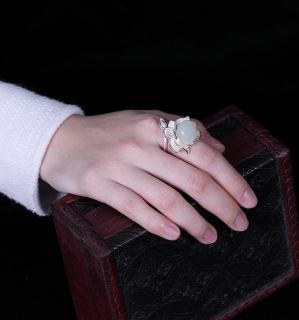 s925纯银,和田玉白玉,莲花莲蓬开口戒指cw