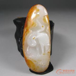 和田玉金皮白玉油润精雕"仙鹤延年"把件